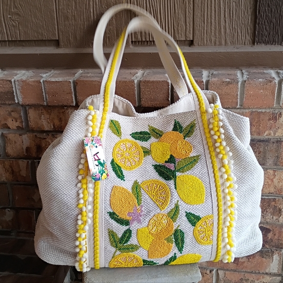 America & Beyond Handbags - NEW America & Beyond Beaded Lemon Pom Pom Woven Cotton Summer Travel Beach Tote